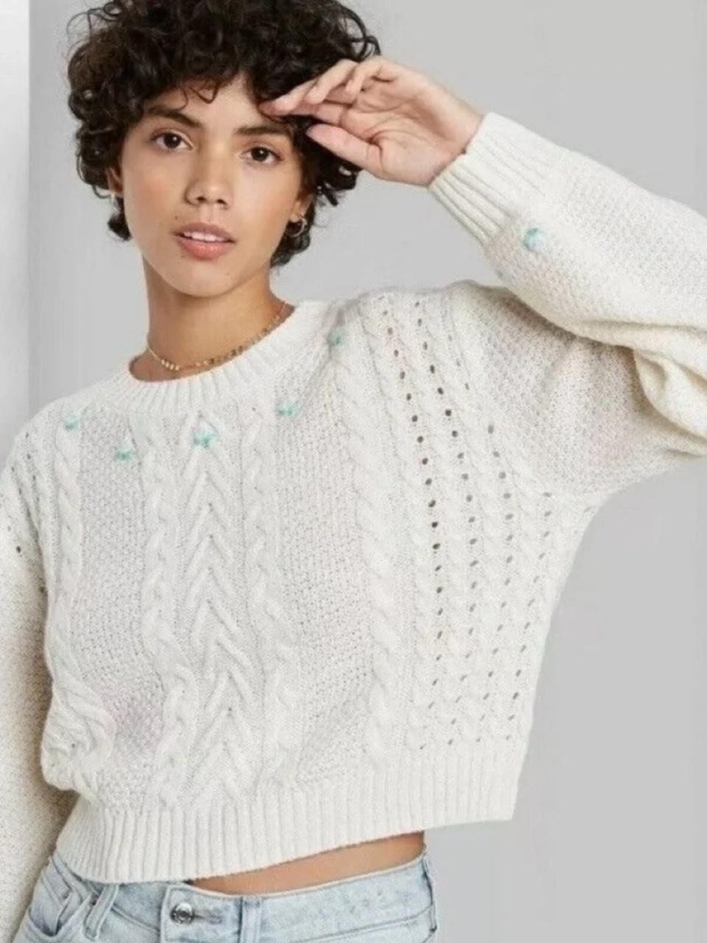 Wild fable Cream Cable-Detail Crewneck Sweater Cottagecore